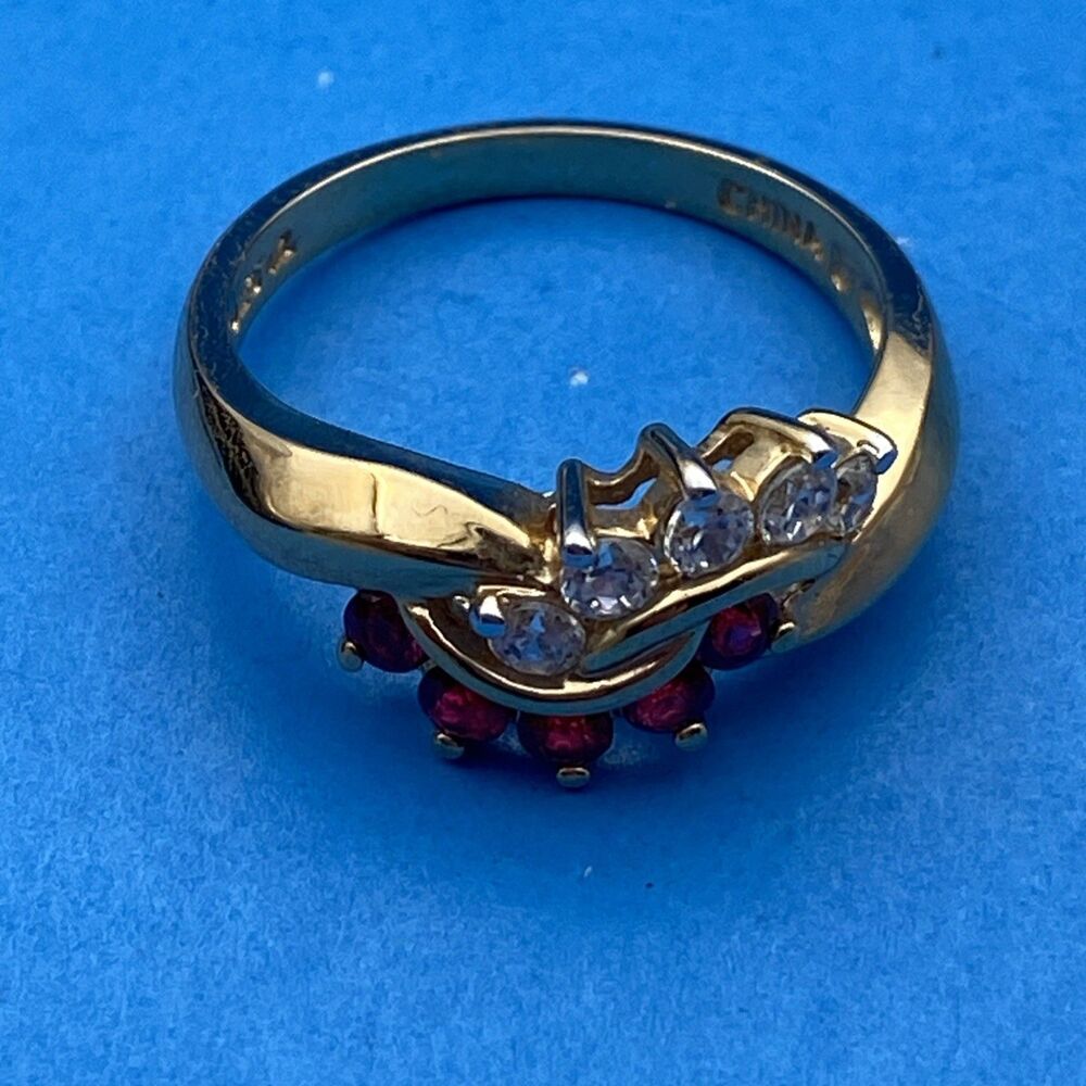 925 Sterling Silver Gold Tone Ruby Red Clear CZ Double Row Crossover Ring Size 8